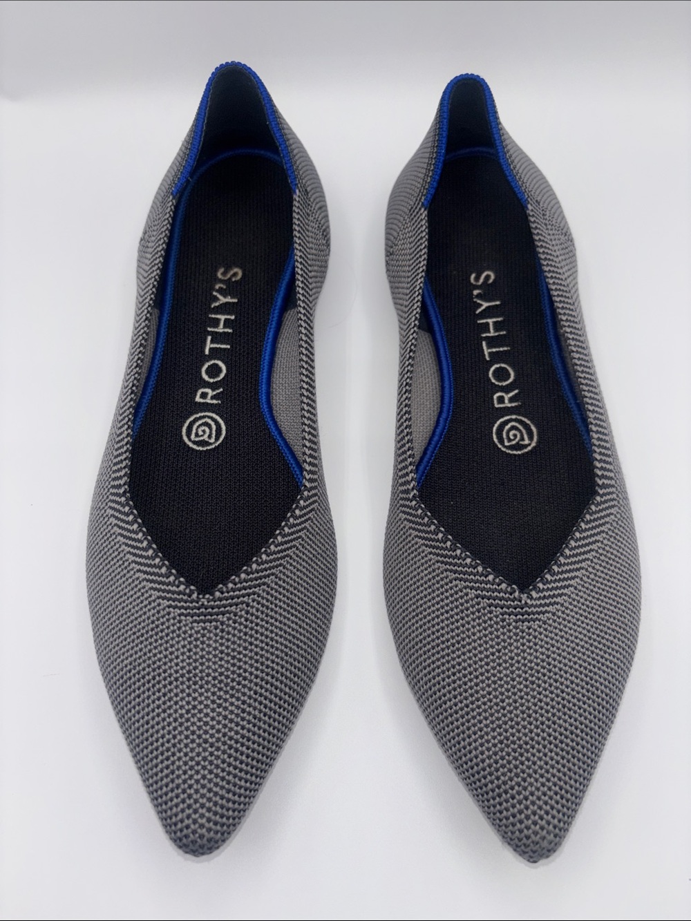 Rothy's Gray Pointed Knit Flats with Blue Trim